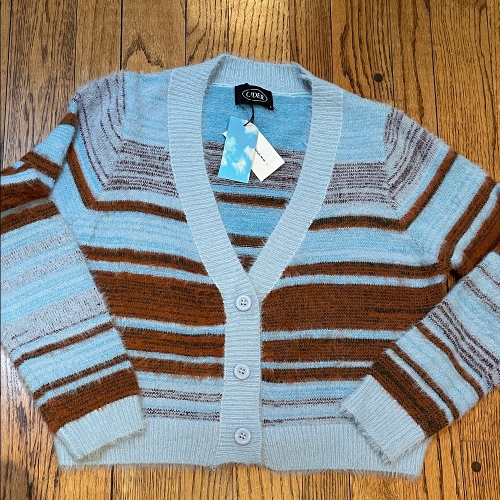 NWT Cider sz L - V Neck 3 button cardigan cardi sky blue rust brown fuzzy